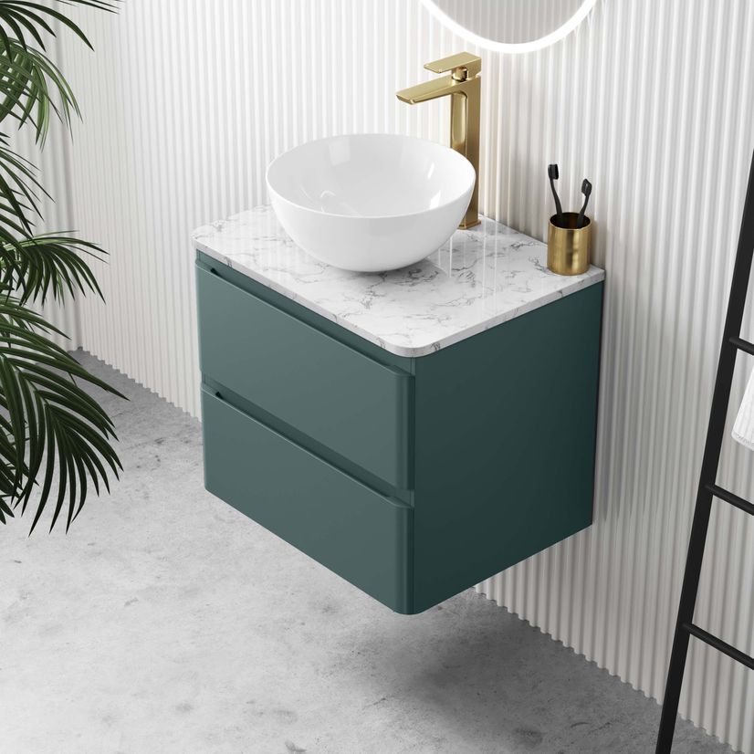 Corsica Midnight Green Wall Hung Drawer Vanity with Marble Top & Round Counter Top Basin 600mm