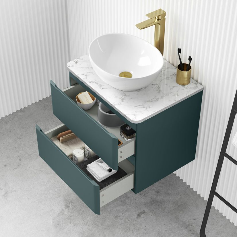 Corsica Midnight Green Wall Hung Drawer Vanity with Marble Top & Oval Counter Top Basin 600mm