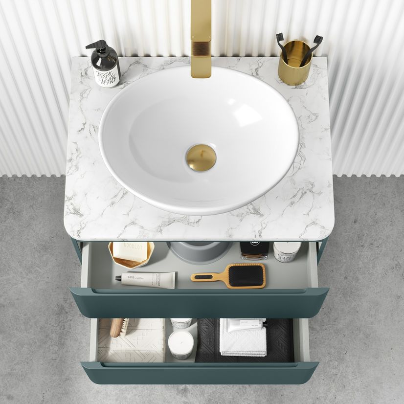 Corsica Midnight Green Wall Hung Drawer Vanity with Marble Top & Oval Counter Top Basin 600mm