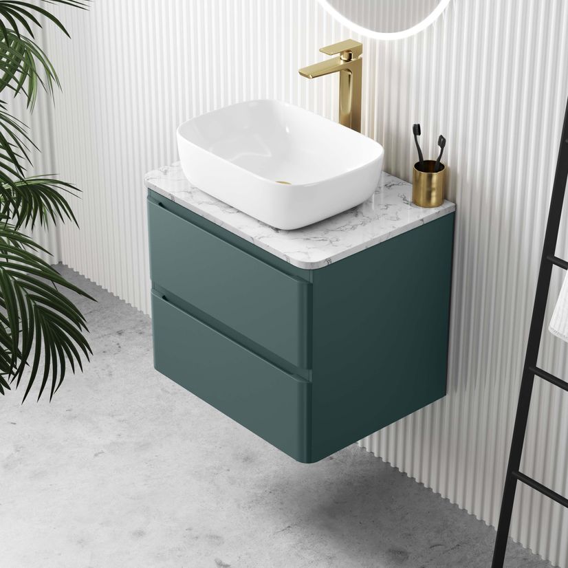 Corsica Midnight Green Wall Hung Drawer Vanity with Marble Top & Curved Counter Top Basin 600mm