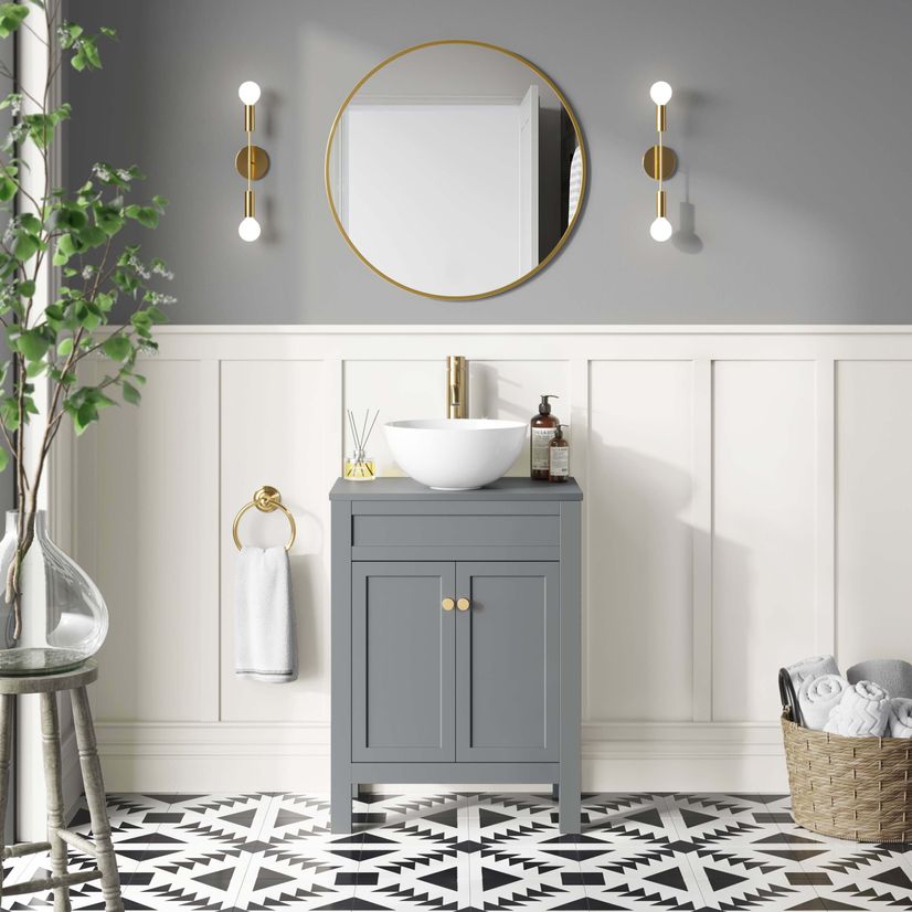 Bermuda Dove Grey Vanity with Round Counter Top Basin 600mm - Brushed Brass Accents