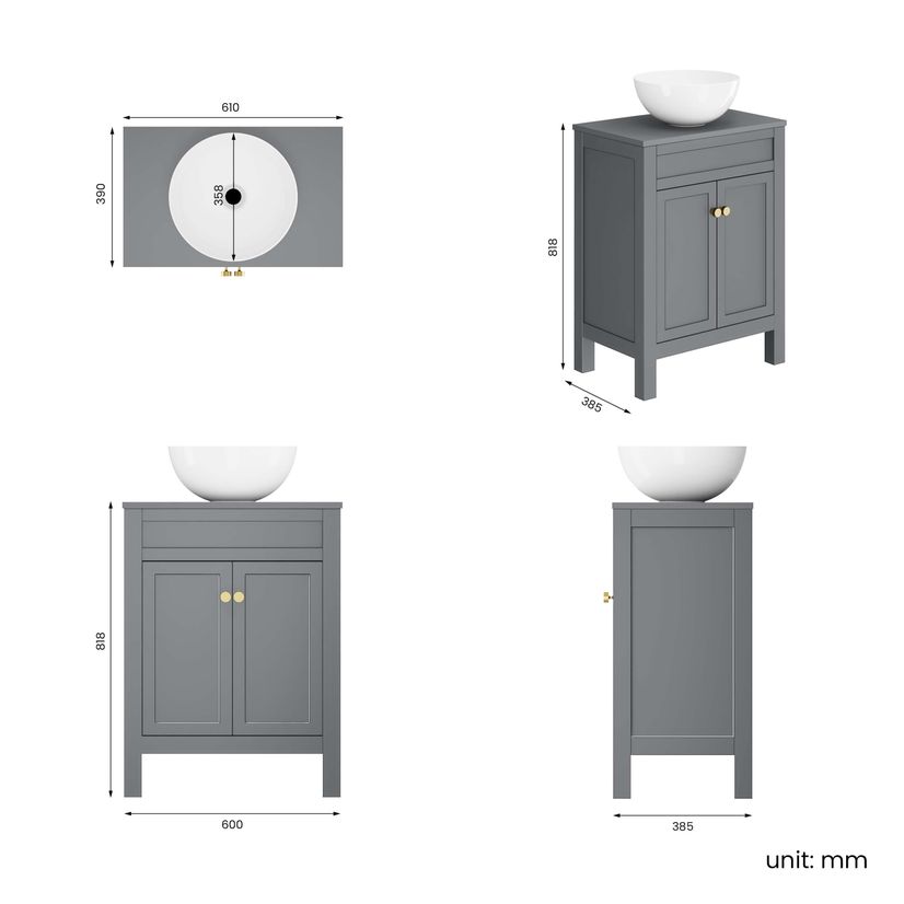 Bermuda Dove Grey Vanity with Round Counter Top Basin 600mm - Brushed Brass Accents