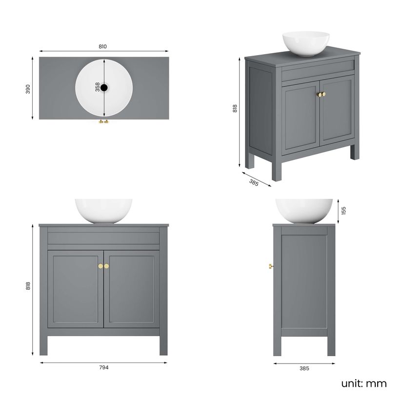 Bermuda Dove Grey Vanity with Round Counter Top Basin 800mm - Brushed Brass Accents