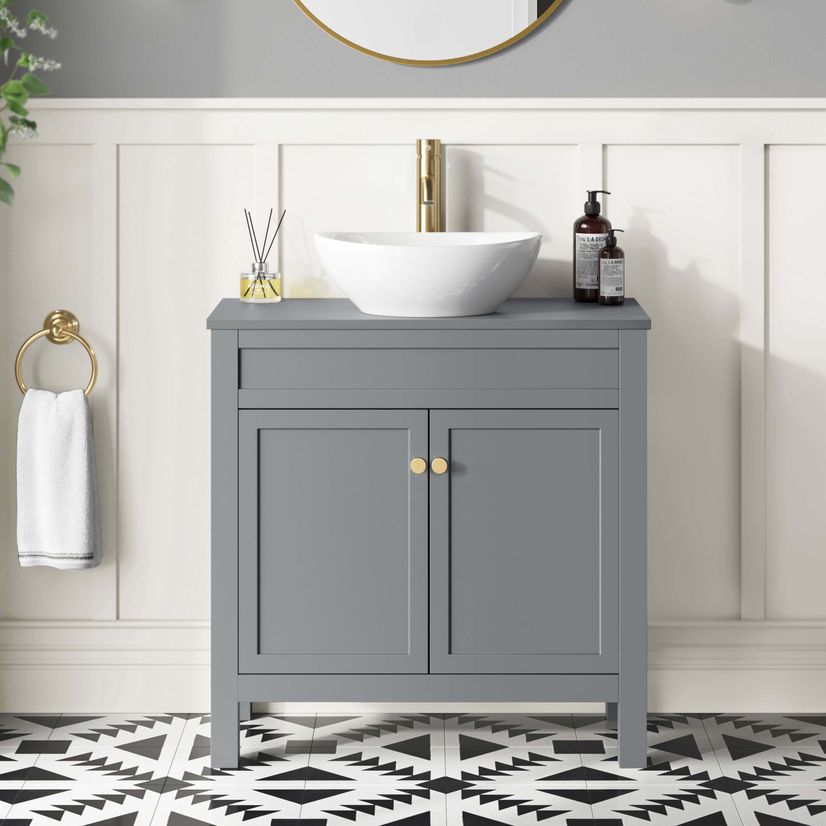 Bermuda Dove Grey Vanity with Oval Counter Top Basin 800mm - Brushed Brass Accents