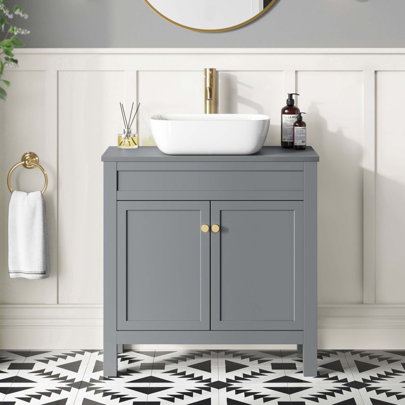 Bermuda Dove Grey Vanity with Curved Counter Top Basin 800mm - Brushed Brass Accents