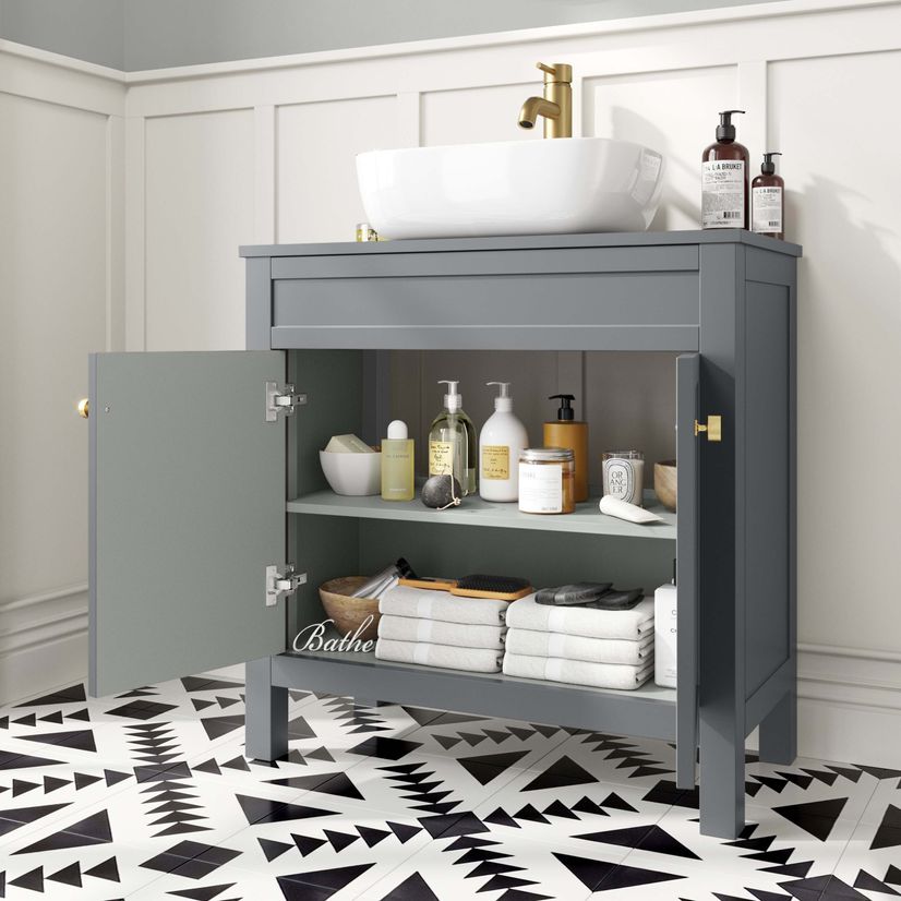 Bermuda Dove Grey Vanity with Curved Counter Top Basin 800mm - Brushed Brass Accents