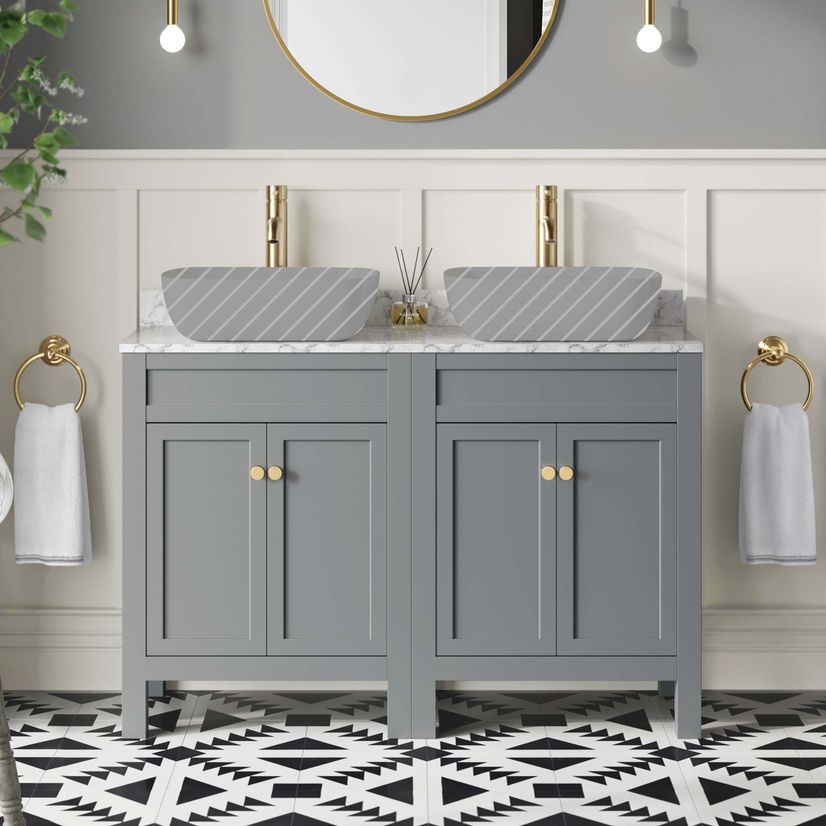 Bermuda Dove Grey Cabinet with Marble Top 1200mm Excludes Counter Top Basins - Brushed Brass Accents