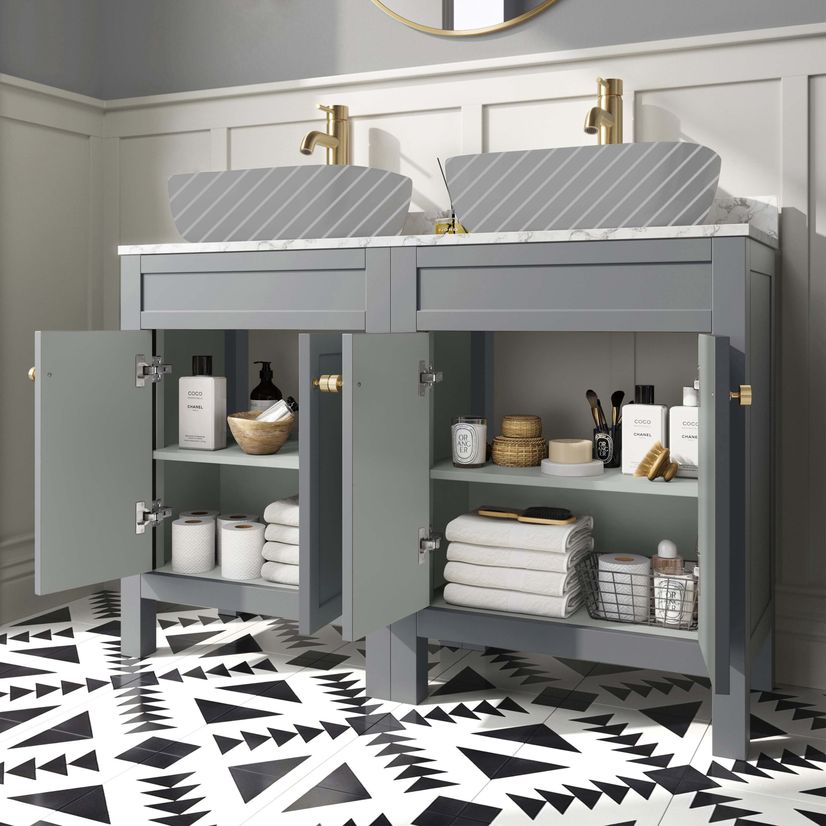 Bermuda Dove Grey Cabinet with Marble Top 1200mm Excludes Counter Top Basins - Brushed Brass Accents