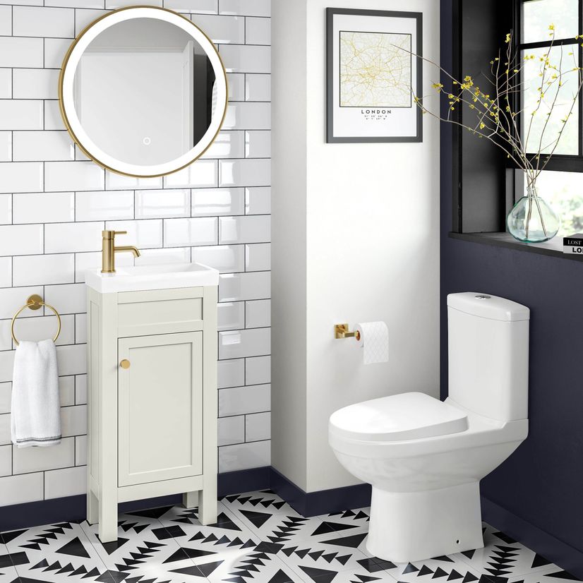 Bermuda Chalk White Cloakroom Basin Vanity 400mm - Brushed Brass Accents