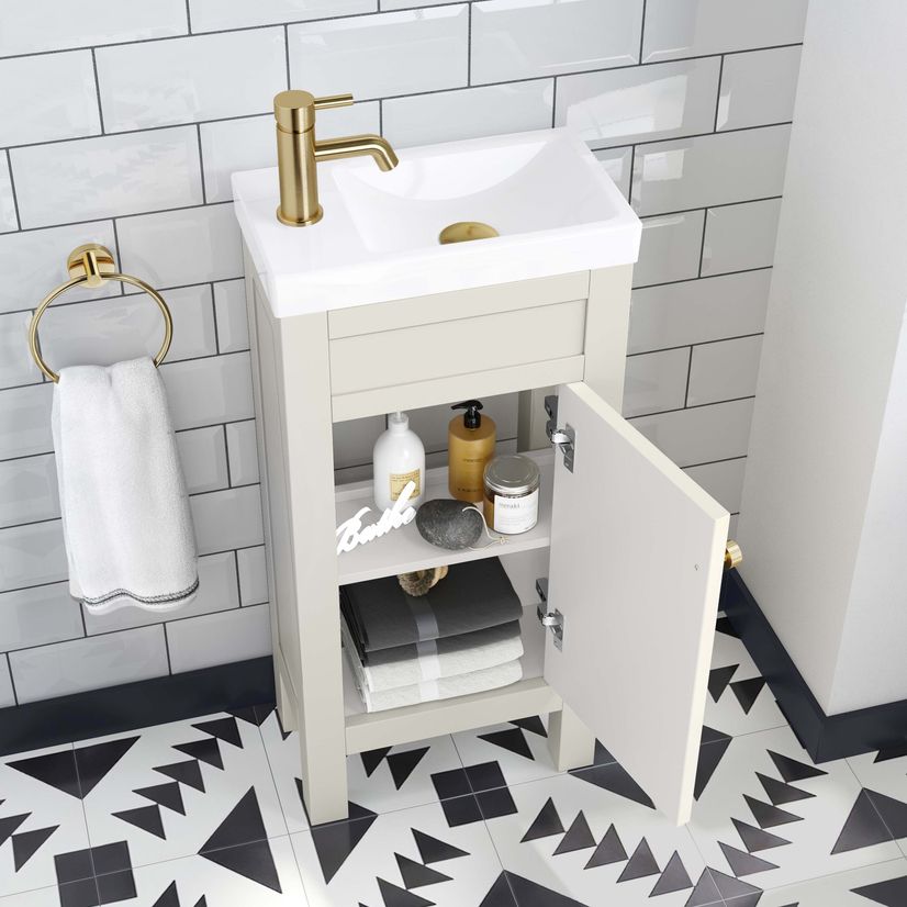Bermuda Chalk White Cloakroom Basin Vanity 400mm - Brushed Brass Accents