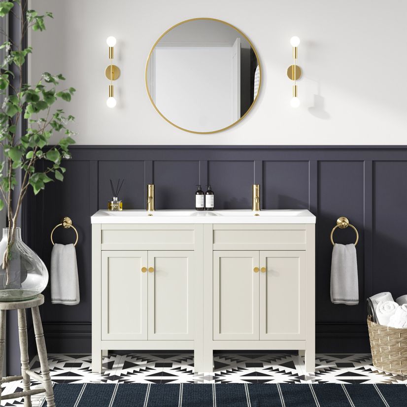 Bermuda Chalk White Double Basin Vanity 1200mm - Brushed Brass Accents