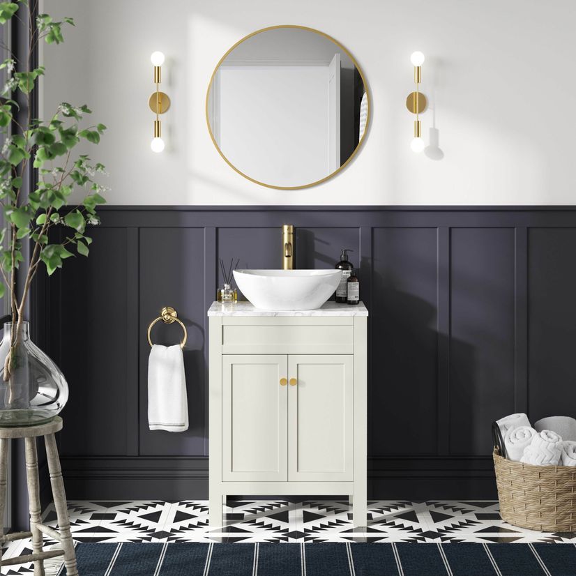 Bermuda Chalk White Vanity with Marble Top & Oval Counter Top Basin 600mm - Brushed Brass Accents