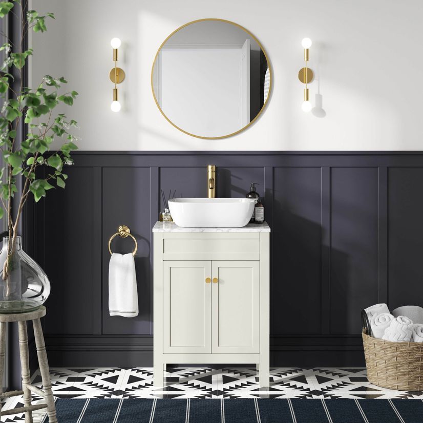 Bermuda Chalk White Vanity with Marble Top & Curved Counter Top Basin 600mm - Brushed Brass Accents