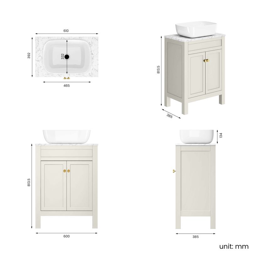 Bermuda Chalk White Vanity with Marble Top & Curved Counter Top Basin 600mm - Brushed Brass Accents