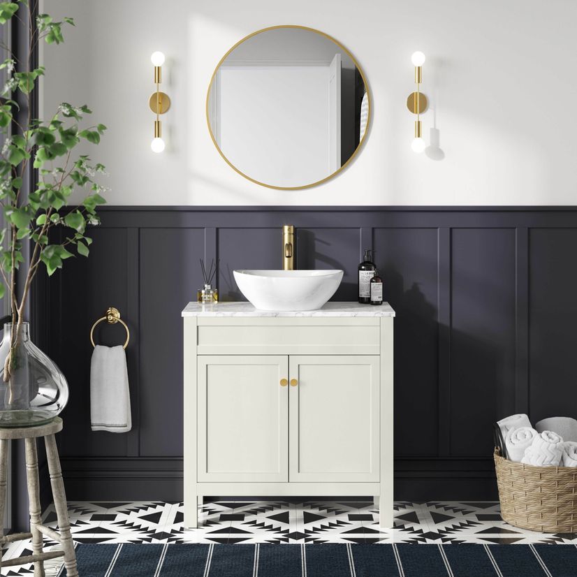 Bermuda Chalk White Vanity with Marble Top & Oval Counter Top Basin 800mm - Brushed Brass Accents