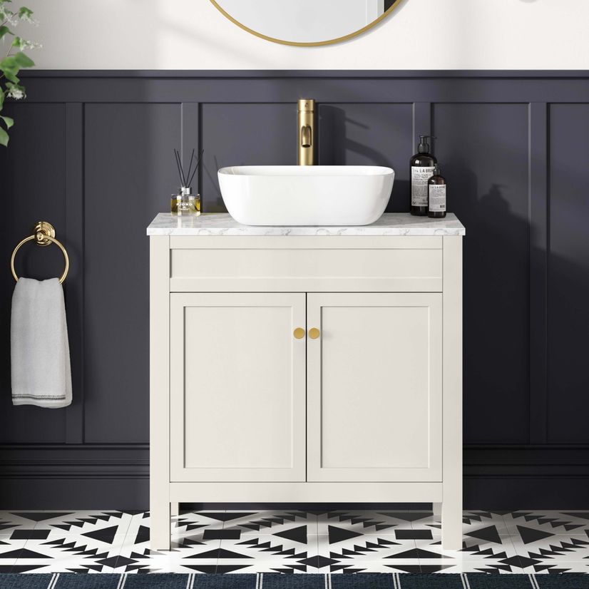 Bermuda Chalk White Vanity with Marble Top & Curved Counter Top Basin 800mm - Brushed Brass Accents