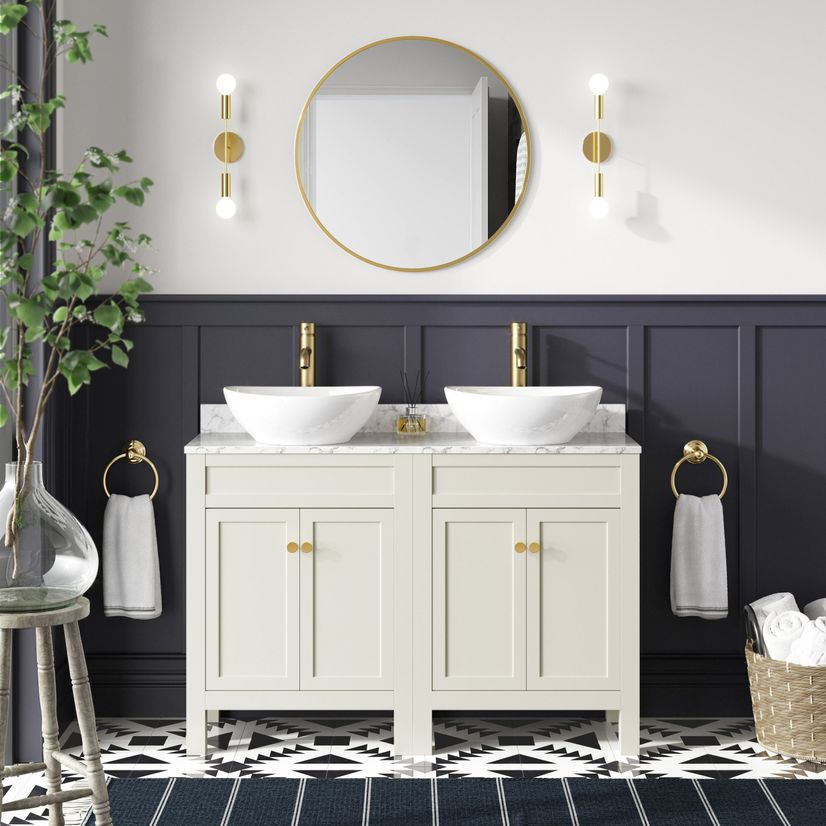 Bermuda Chalk White Vanity with Marble Top & Oval Counter Top Basin 1200mm - Brushed Brass Accents