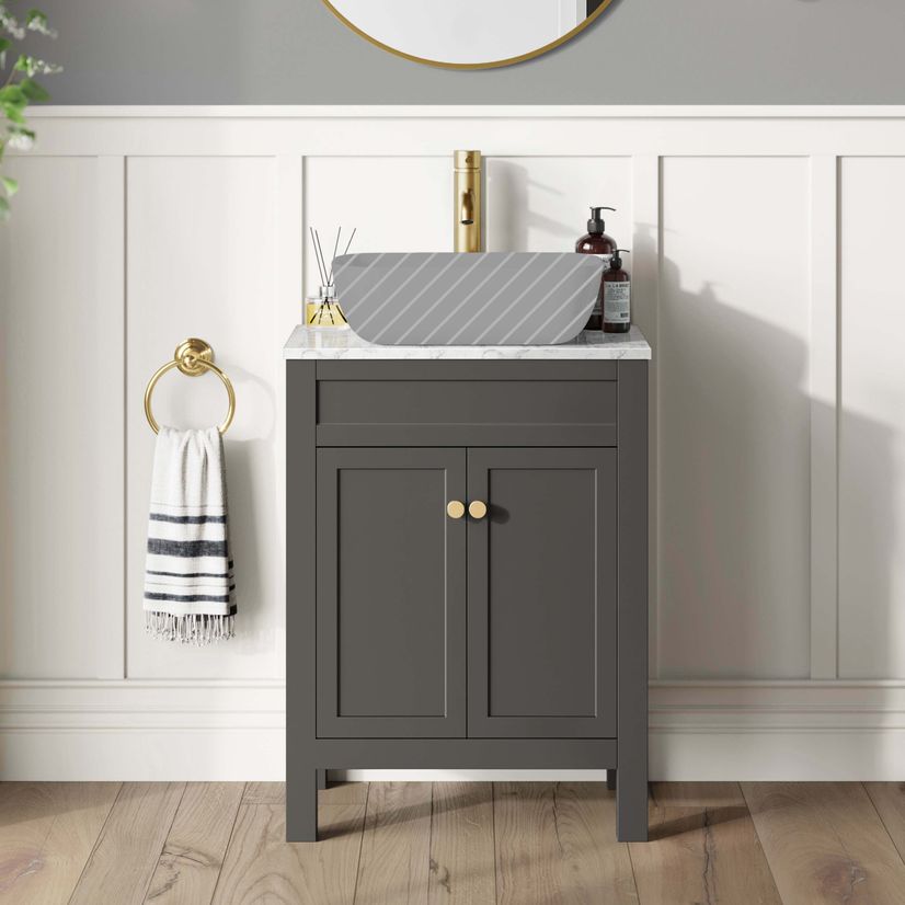 Bermuda Graphite Grey Cabinet with Marble Top 600mm Excludes Counter Top Basin - Brushed Brass Accents