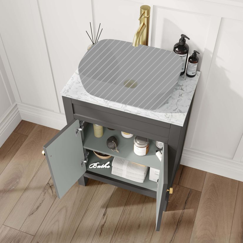 Bermuda Graphite Grey Cabinet with Marble Top 600mm Excludes Counter Top Basin - Brushed Brass Accents