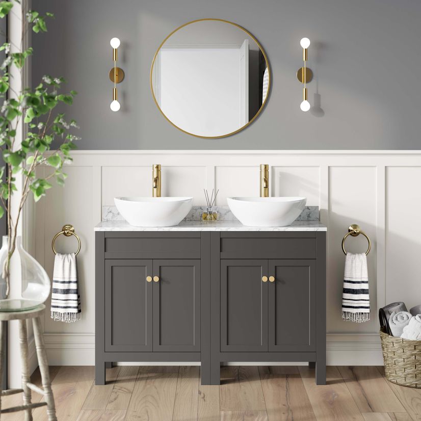 Bermuda Graphite Grey Vanity with Marble Top & Oval Counter Top Basin 1200mm - Brushed Brass Accents