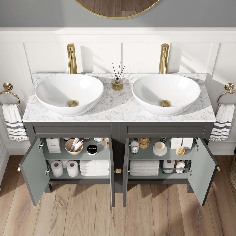 Bermuda Graphite Grey Vanity with Marble Top & Oval Counter Top Basin 1200mm - Brushed Brass Accents