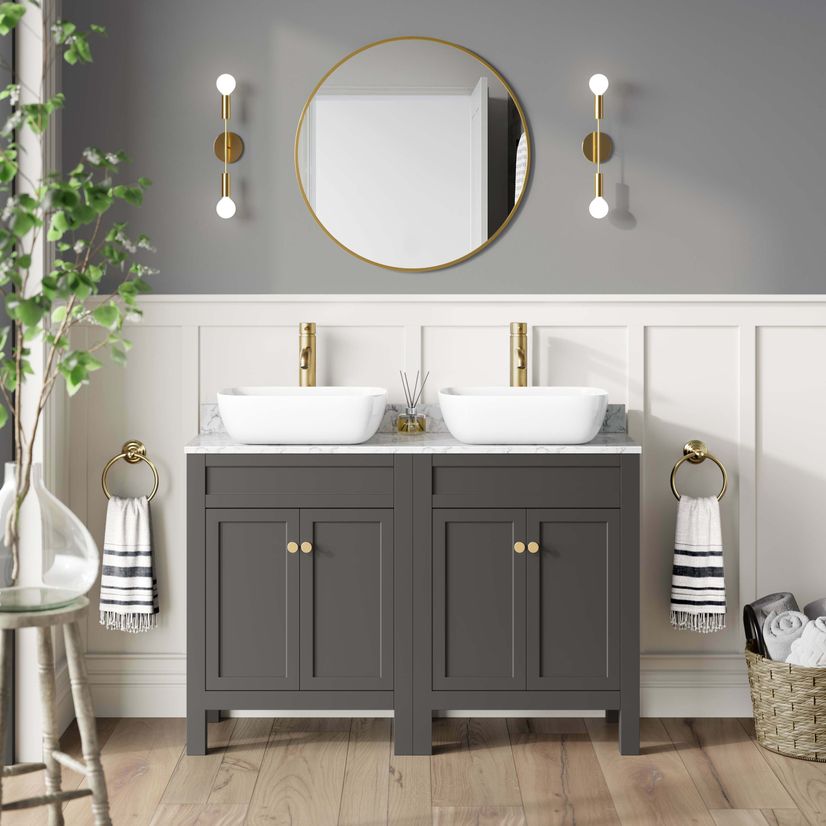 Bermuda Graphite Grey Vanity with Marble Top & Curved Counter Top Basin 1200mm - Brushed Brass Accents