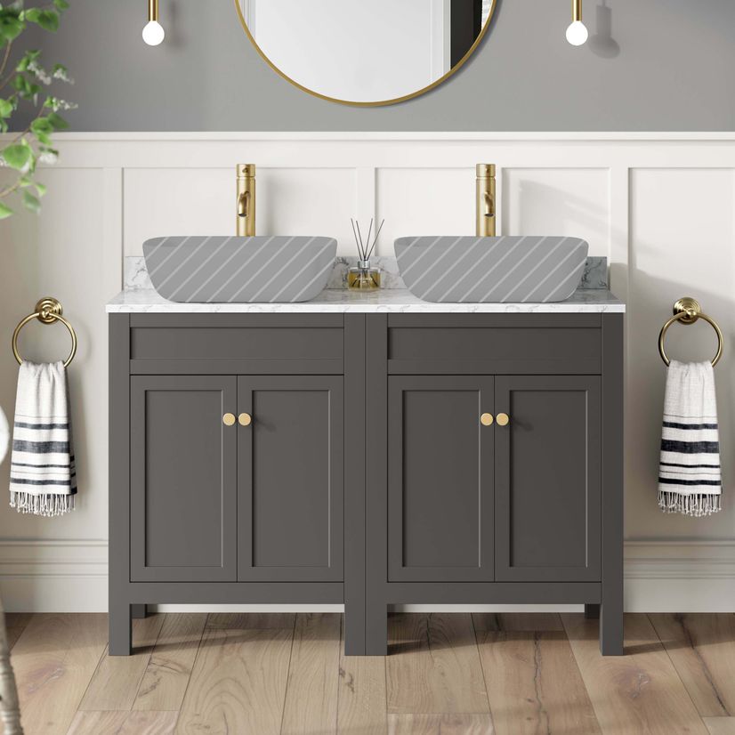 Bermuda Graphite Grey Cabinet with Marble Top 1200mm Excludes Counter Top Basins - Brushed Brass Accents