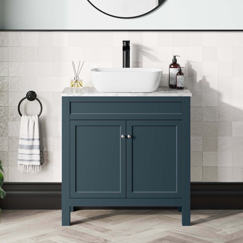 Bermuda Inky Blue Vanity with Marble Top & Curved Counter Top Basin 800mm