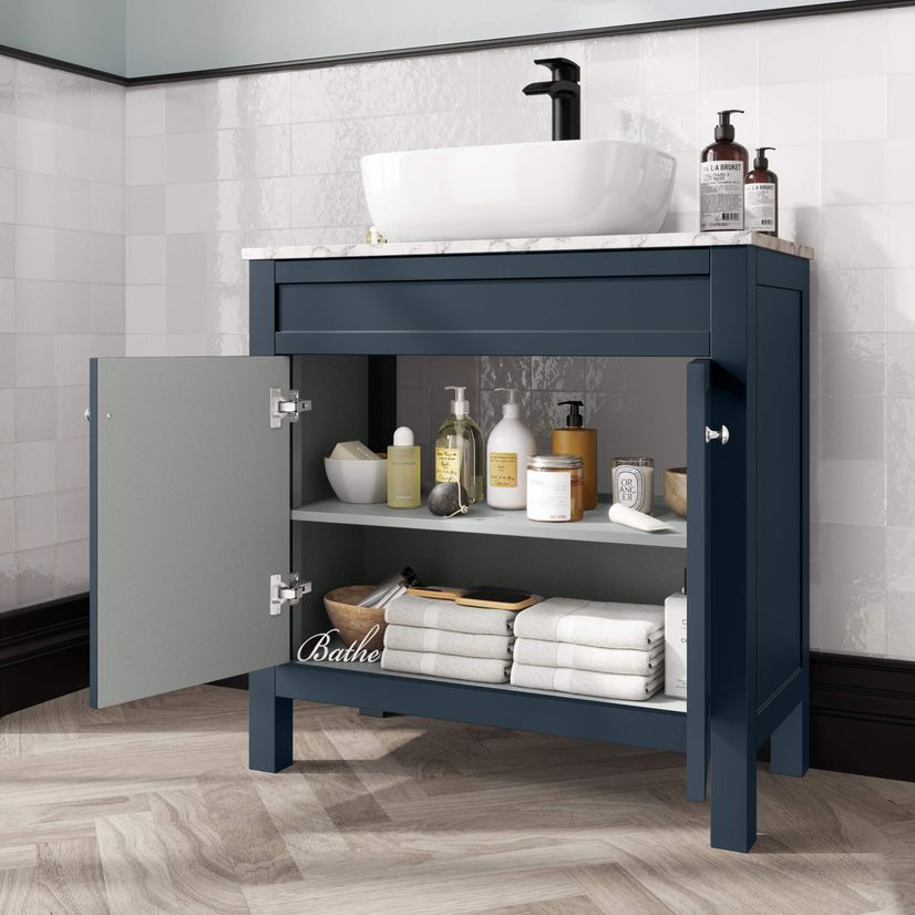Bermuda Inky Blue Vanity with Marble Top & Curved Counter Top Basin 800mm