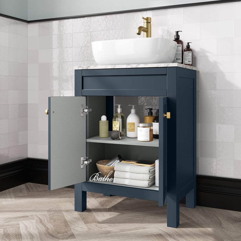 Bermuda Inky Blue Vanity with Marble Top & Curved Counter Top Basin 600mm - Brushed Brass Accents