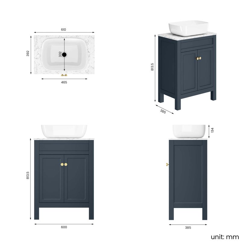 Bermuda Inky Blue Vanity with Marble Top & Curved Counter Top Basin 600mm - Brushed Brass Accents