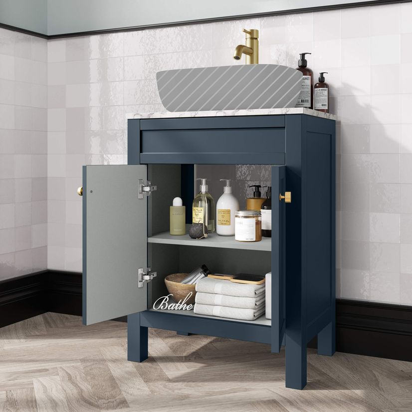 Bermuda Inky Blue Cabinet with Marble Top 600mm Excludes Counter Top Basin - Brushed Brass Accents