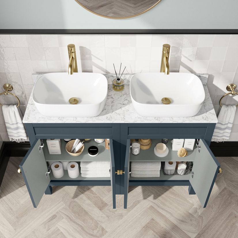 Bermuda Inky Blue Vanity with Marble Top & Curved Counter Top Basin 1200mm - Brushed Brass Accents