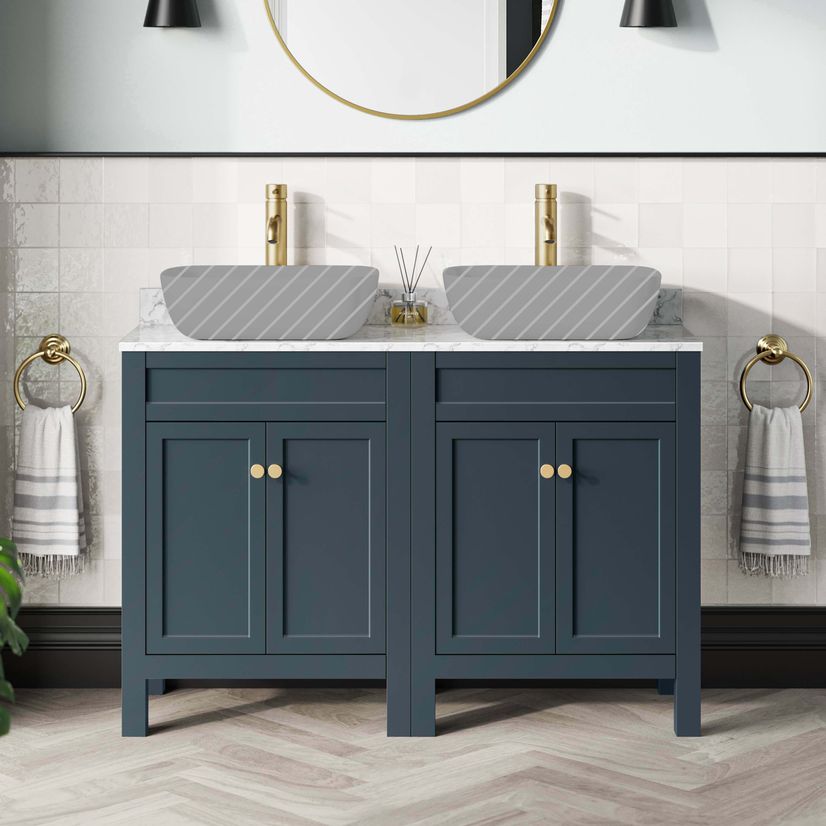 Bermuda Inky Blue Cabinet with Marble Top 1200mm Excludes Counter Top Basins - Brushed Brass Accents