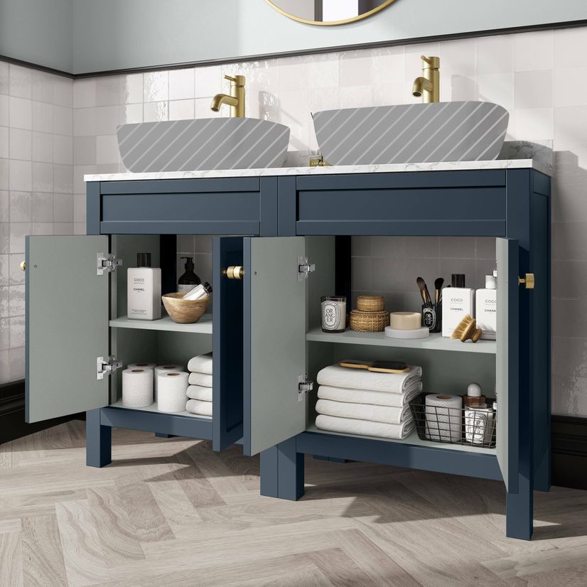 Bermuda Inky Blue Cabinet with Marble Top 1200mm Excludes Counter Top Basins - Brushed Brass Accents