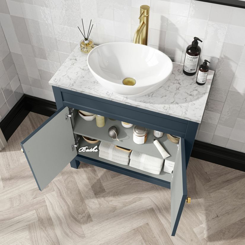 Bermuda Inky Blue Vanity with Marble Top & Oval Counter Top Basin 800mm - Brushed Brass Accents