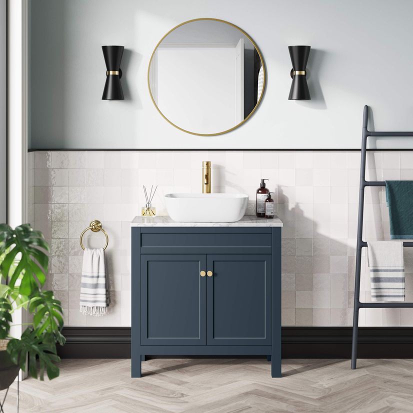 Bermuda Inky Blue Vanity with Marble Top & Curved Counter Top Basin 800mm - Brushed Brass Accents