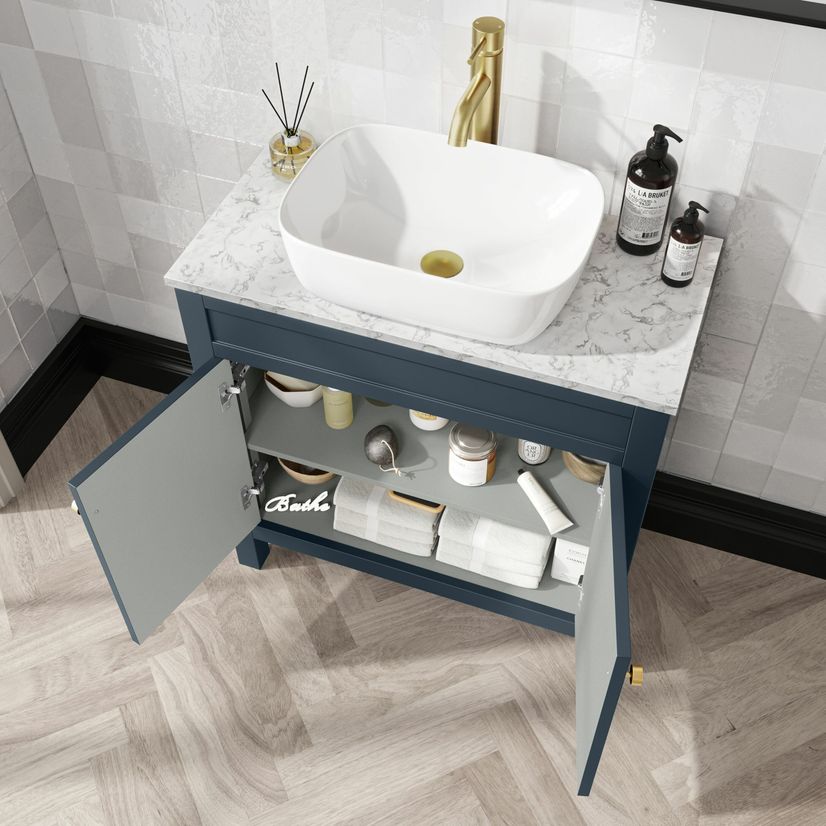 Bermuda Inky Blue Vanity with Marble Top & Curved Counter Top Basin 800mm - Brushed Brass Accents