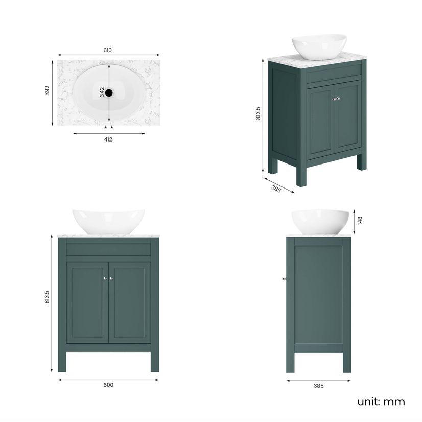 Bermuda Midnight Green Vanity with Marble Top & Oval Counter Top Basin 600mm