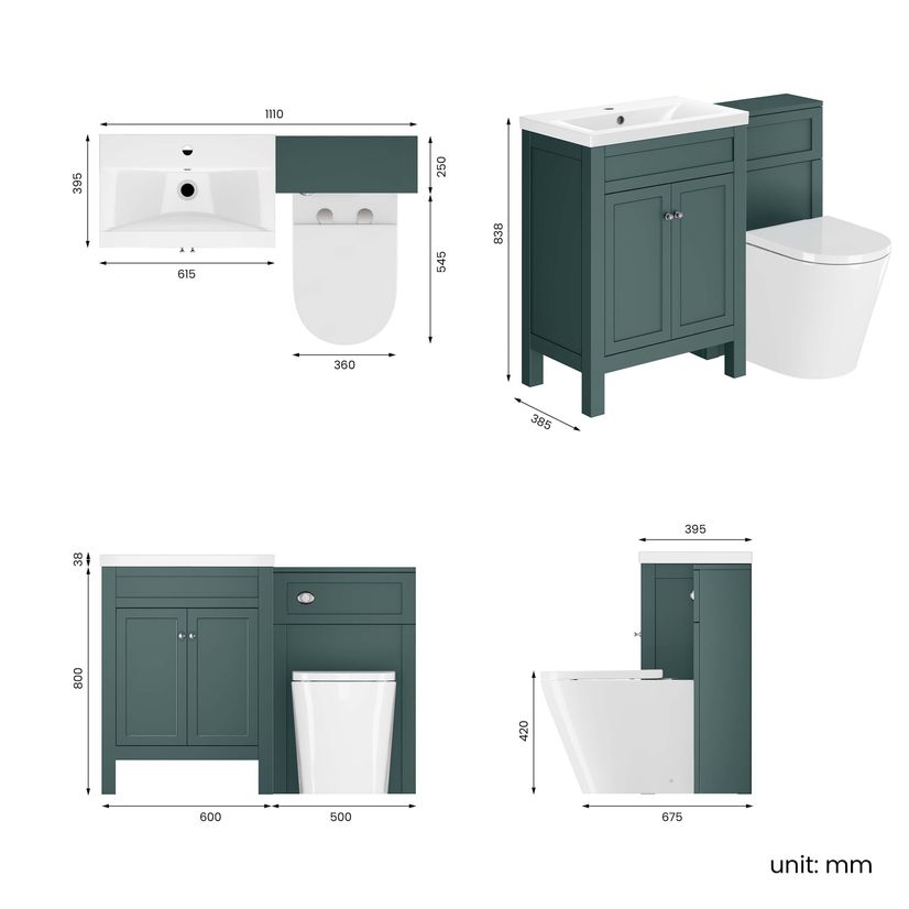 Bermuda Midnight Green Combination Vanity Basin and Boston Toilet 1100mm