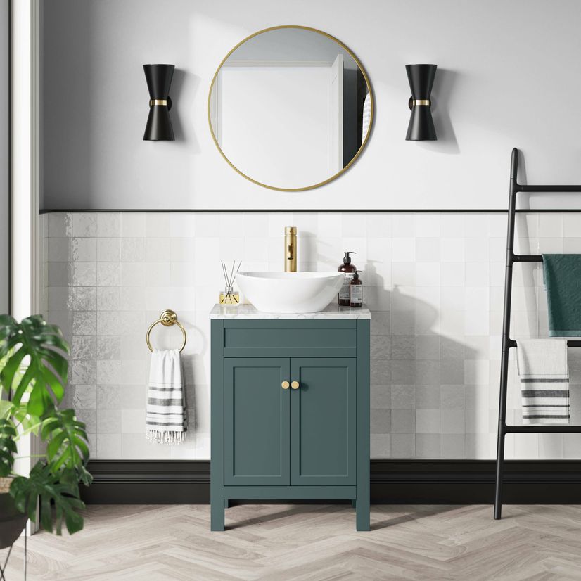 Bermuda Midnight Green Vanity with Marble Top & Oval Counter Top Basin 600mm - Brushed Brass Accents