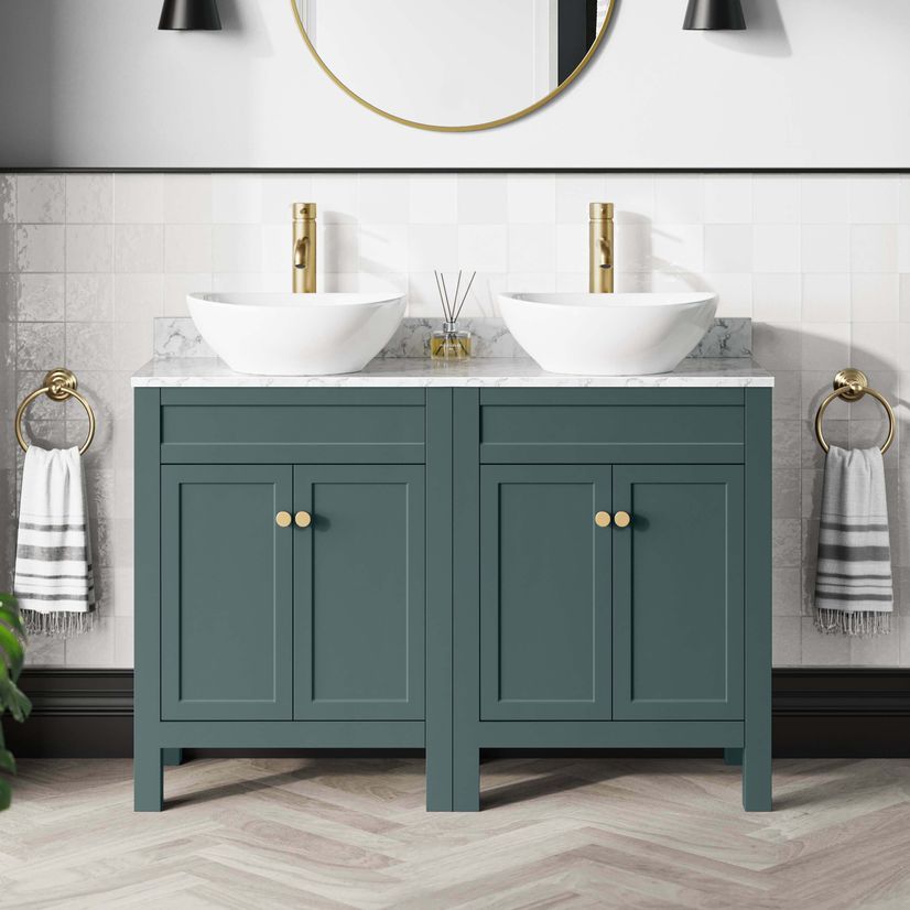 Bermuda Midnight Green Vanity with Marble Top & Oval Counter Top Basin 1200mm - Brushed Brass Accents