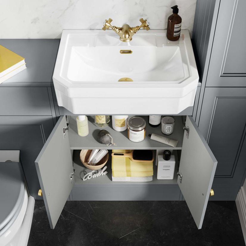 Monaco Dove Grey Traditional Basin Vanity 600mm - Brushed Brass Accents