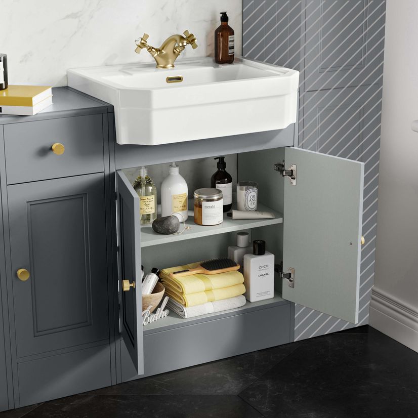 Monaco Dove Grey Combination Vanity Traditional Basin 1500mm (Excludes Pan & Cistern) - Brushed Brass Accents