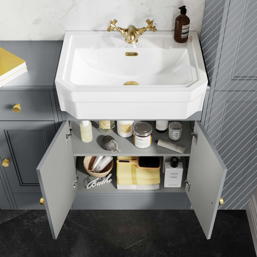 Monaco Dove Grey Combination Vanity Traditional Basin 1500mm (Excludes Pan & Cistern) - Brushed Brass Accents
