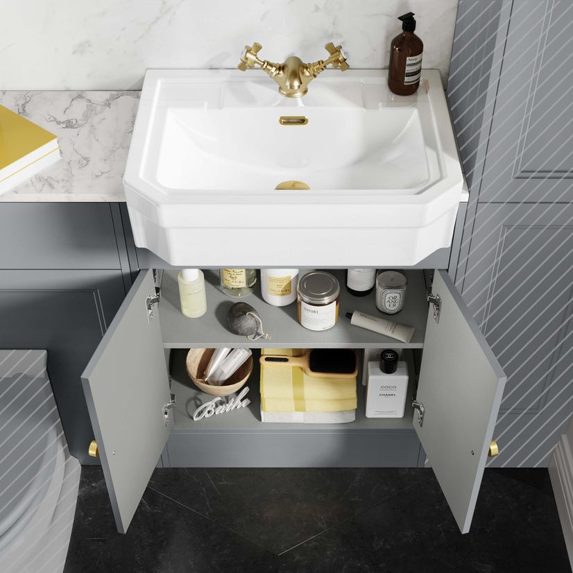 Monaco Dove Grey Combination Vanity Traditional Basin with Marble Top 1200mm (Excludes Pan & Cistern) - Brushed Brass Accents