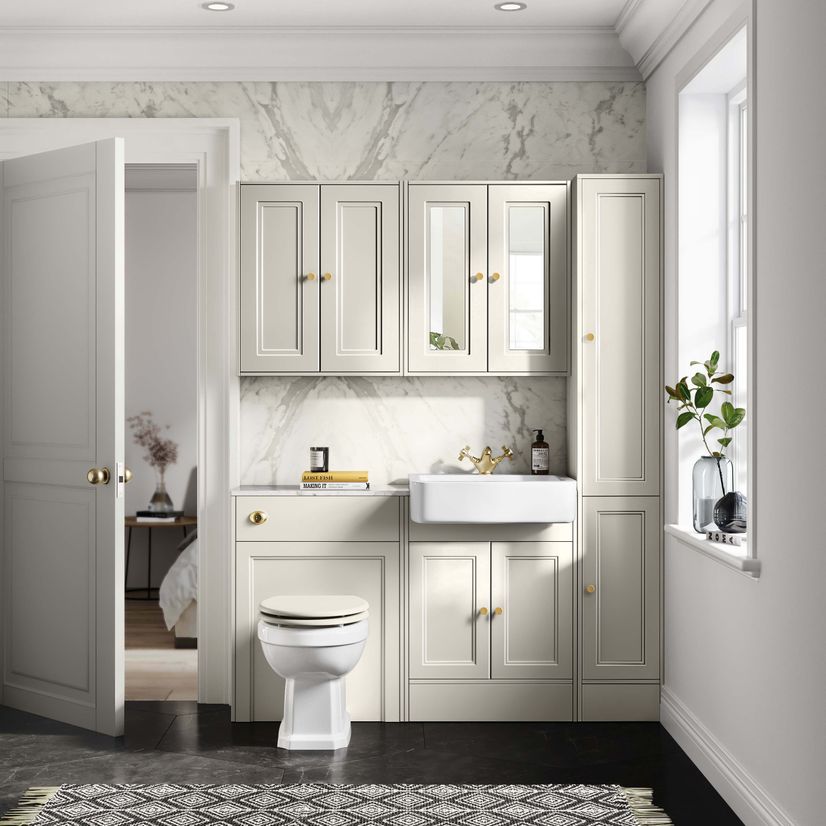 Monaco Chalk White Combination Vanity Basin with Marble Top 1200mm (Excludes Pan & Cistern) - Brushed Brass Accents