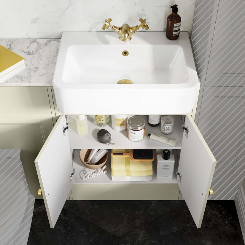 Monaco Chalk White Combination Vanity Basin with Marble Top 1200mm (Excludes Pan & Cistern) - Brushed Brass Accents