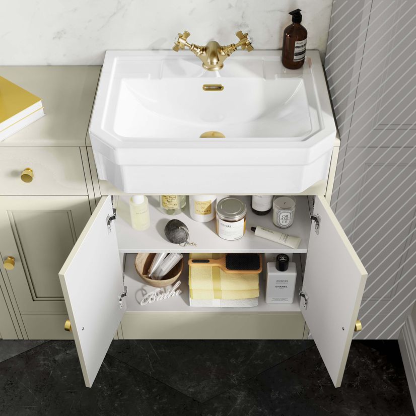 Monaco Chalk White Combination Vanity Traditional Basin 1500mm (Excludes Pan & Cistern) - Brushed Brass Accents