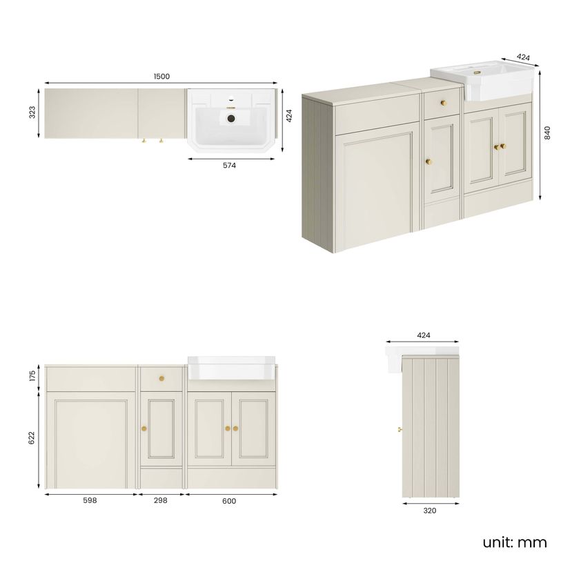 Monaco Chalk White Combination Vanity Traditional Basin 1500mm (Excludes Pan & Cistern) - Brushed Brass Accents